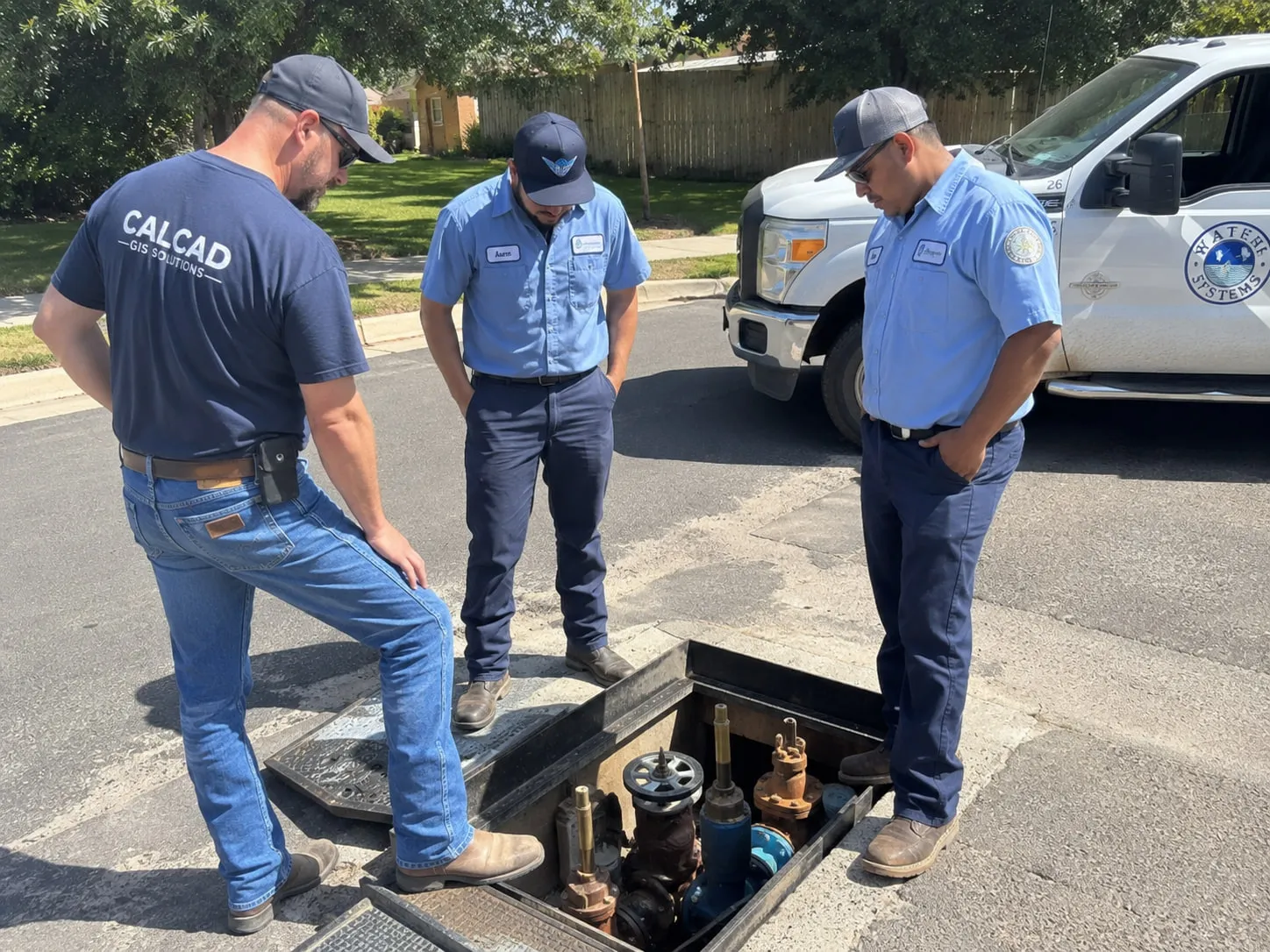 A CALCAD employee standing with utility personnel in the field, looking into a valve vault. Not in an office. Not looking at software. Actually solving a problem.