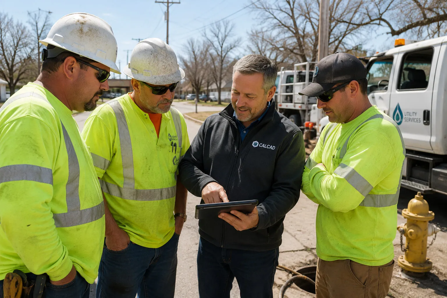 A utility crew talking with CALCAD staff out in the field.