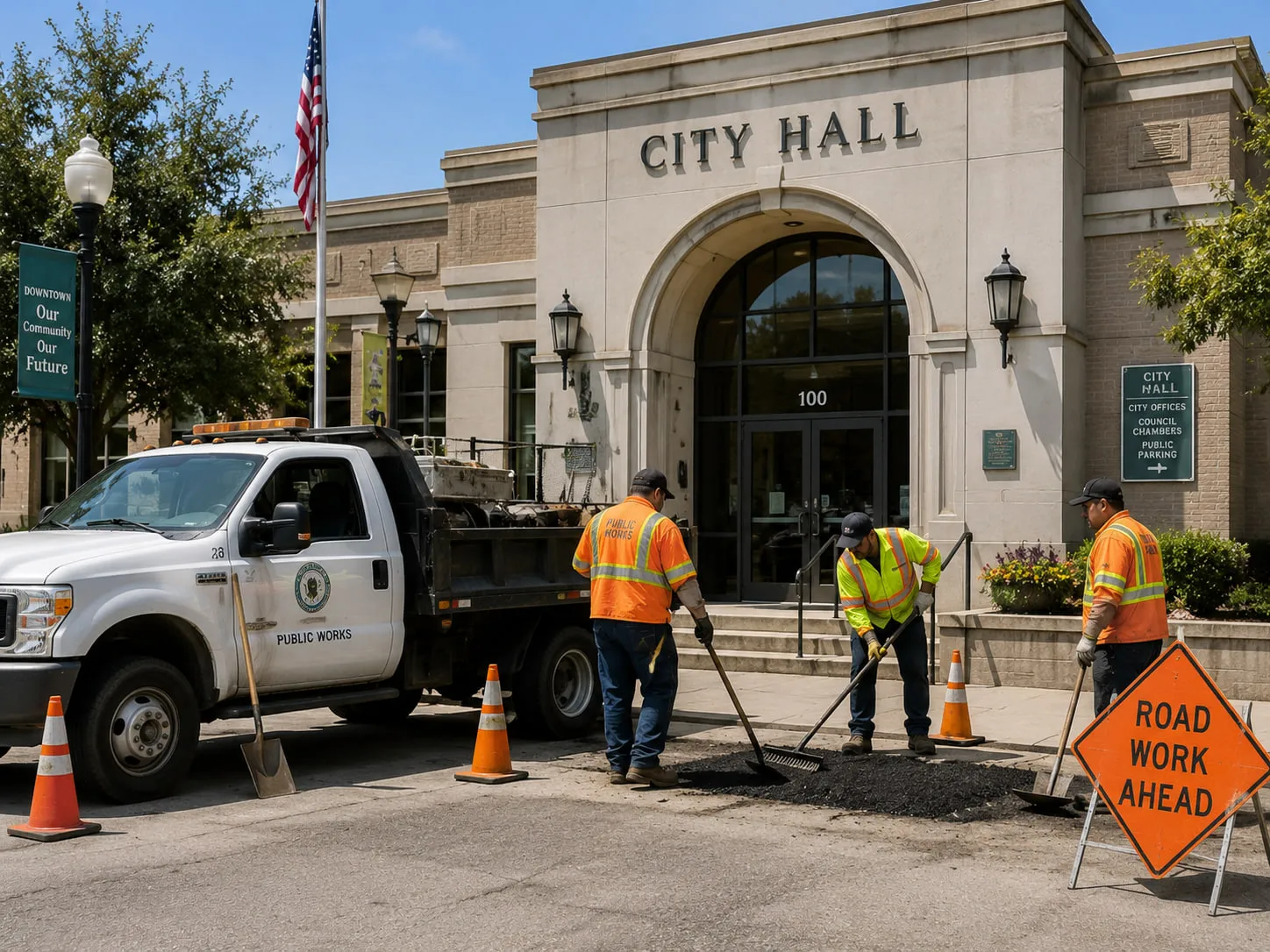 City Hall, road crews, and Public Works in the field.