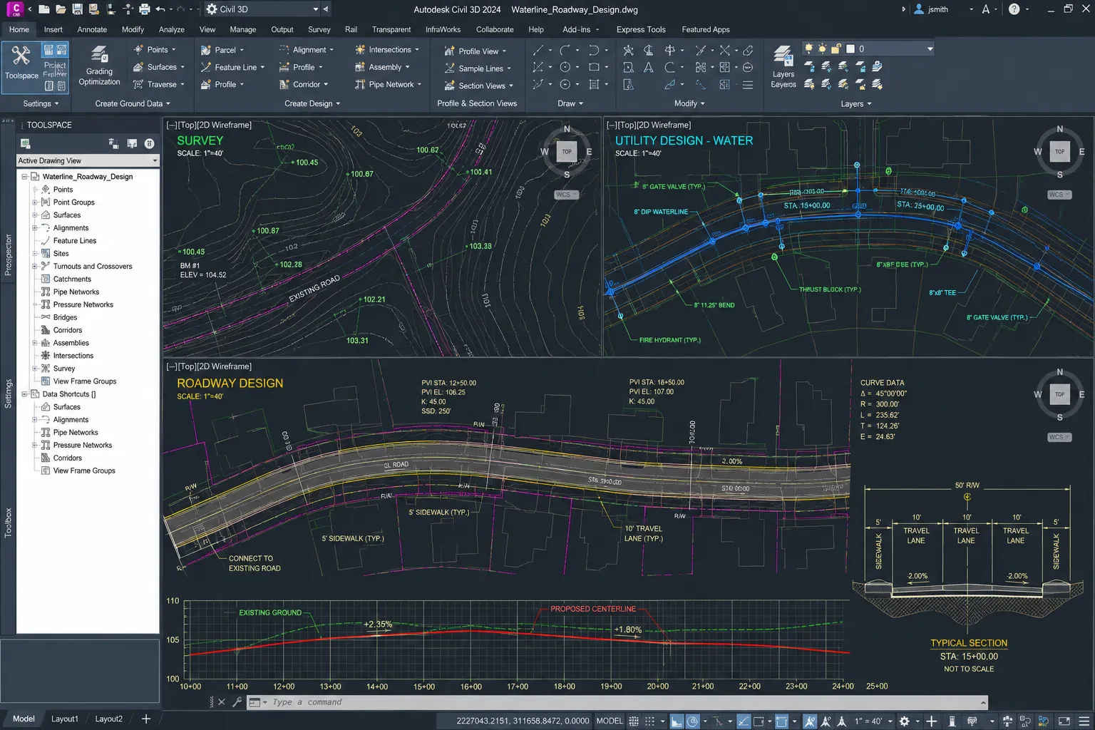 A Civil 3D drawing of municipal infrastructure—surveying, utility design, and roadway plans.