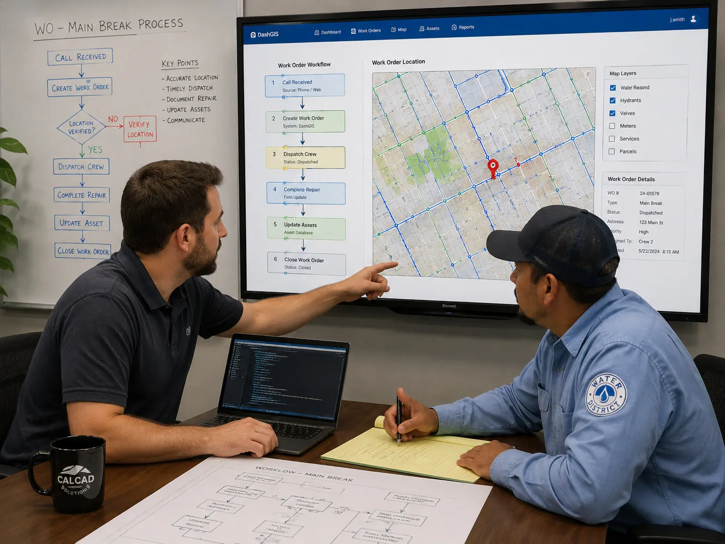 A developer and a utility employee reviewing a workflow together.
