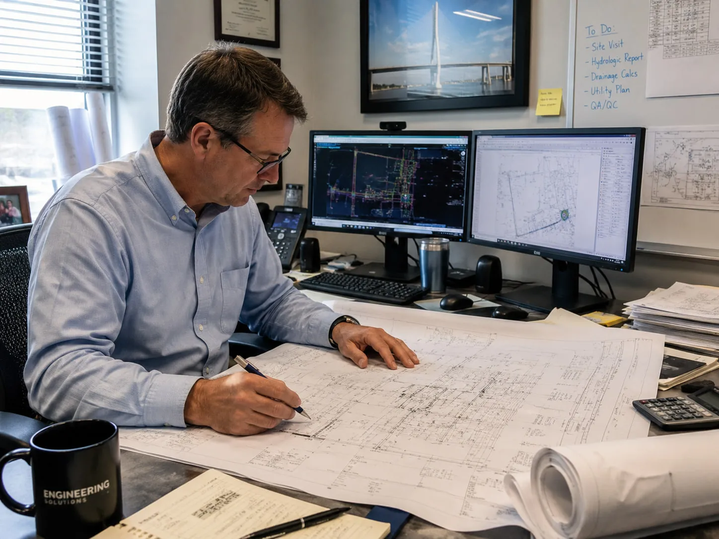 An engineer reviewing plans at a desk.
