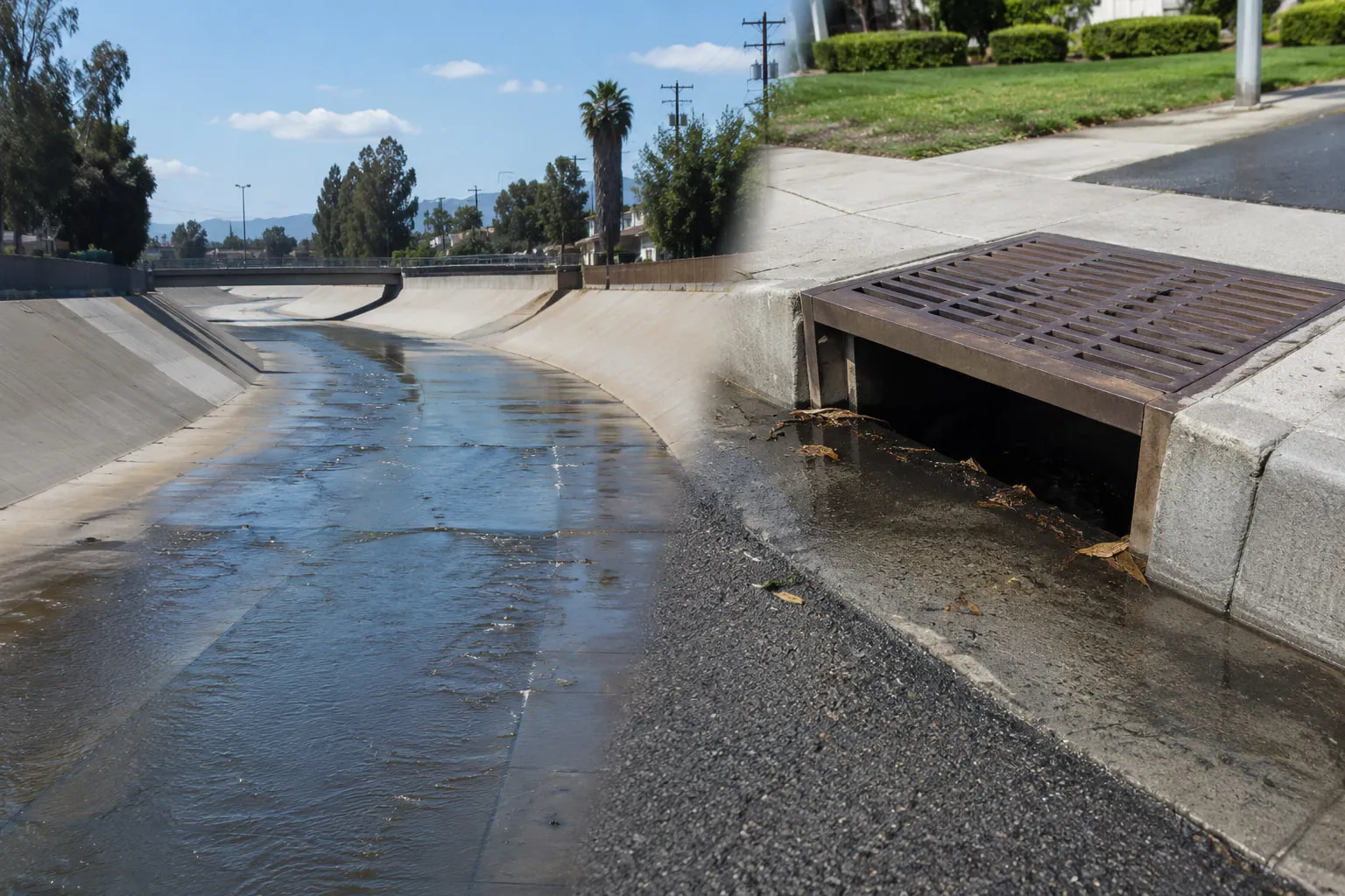A flood control channel and a storm drain inlet.