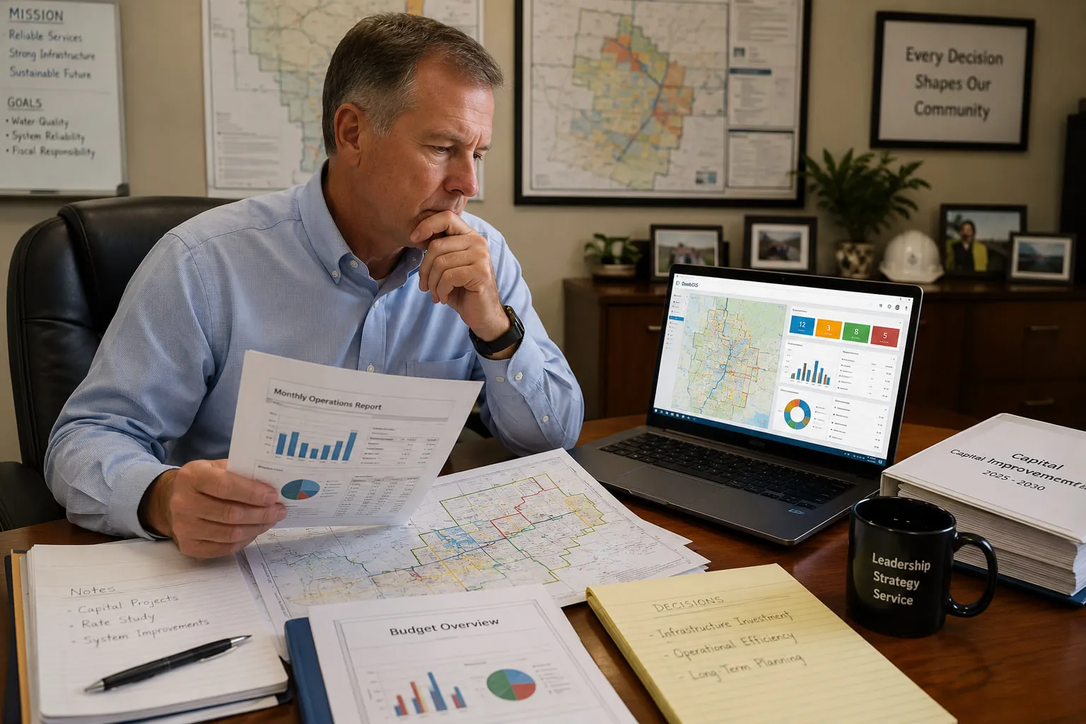 Candid, unstaged photo: a CALCAD employee sitting across the table from a General Manager, looking at utility maps together. Not people in suits. Not software. Real work.