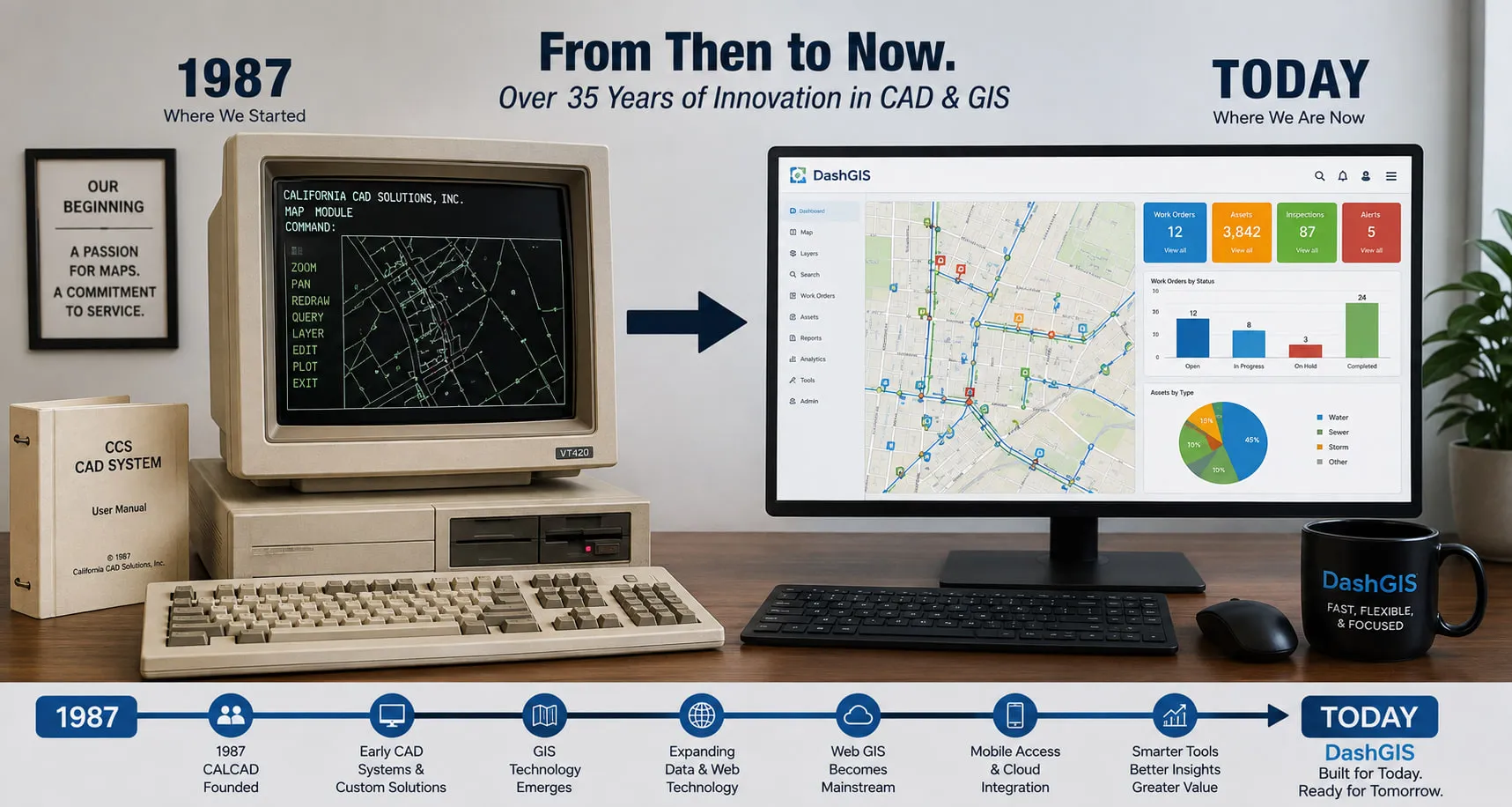 A historic CAD workstation beside a modern DashGIS™ screen — timeline graphic spanning 1987 to today.