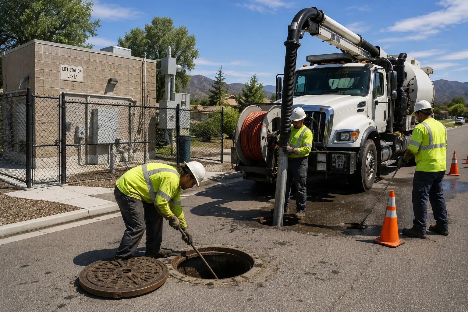 A lift station, a manhole, and a collection crew at work.