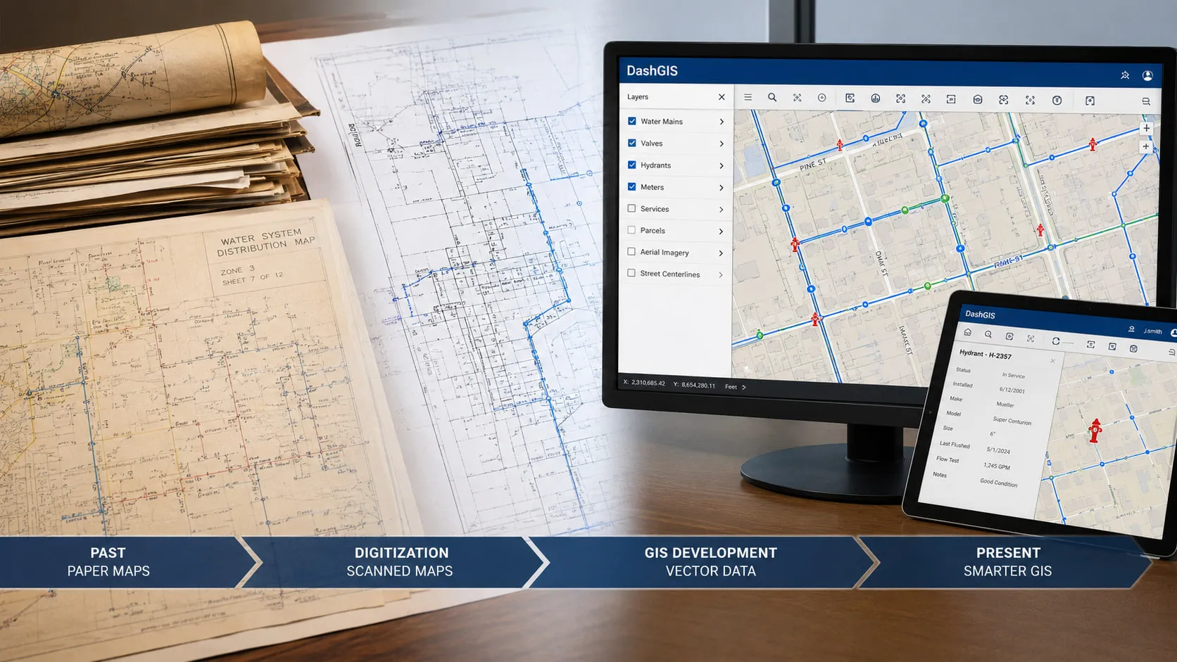 Historic paper maps transitioning into digital GIS.