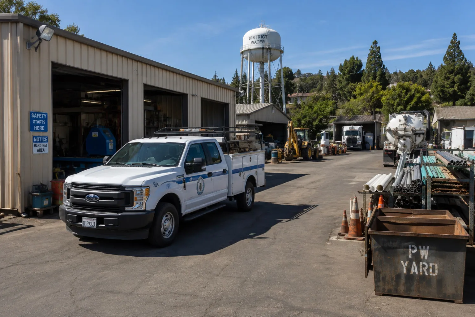 A small district office, a maintenance yard, and a crew truck.