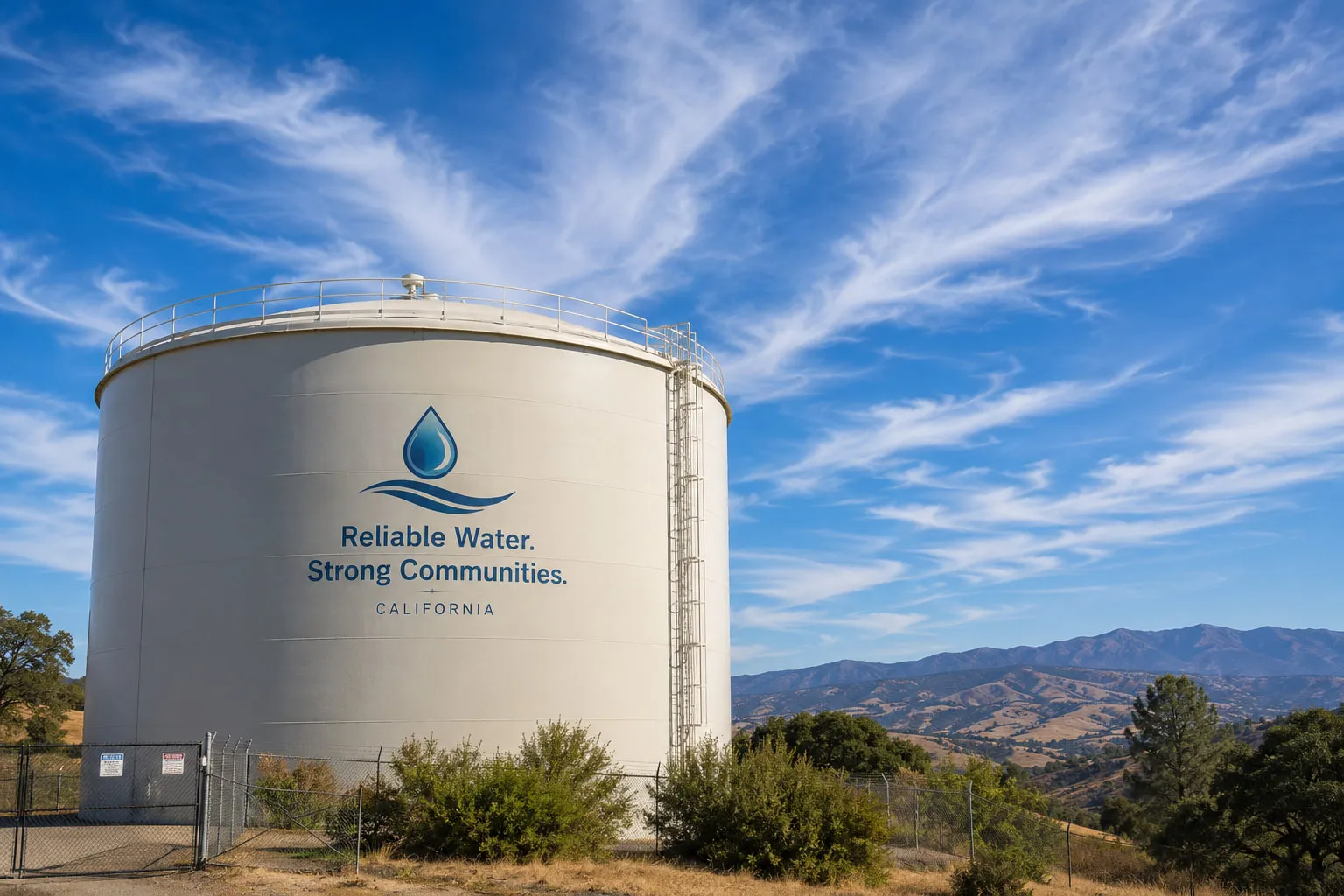 A water storage tank against a California sky.