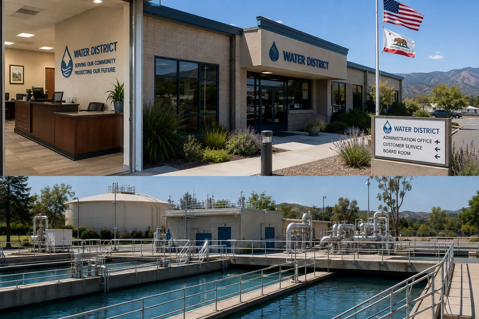 Panoramic photo of a California community: water tower, treatment plant, neighborhoods, roads, storm drains, wastewater plant, and utility crews.