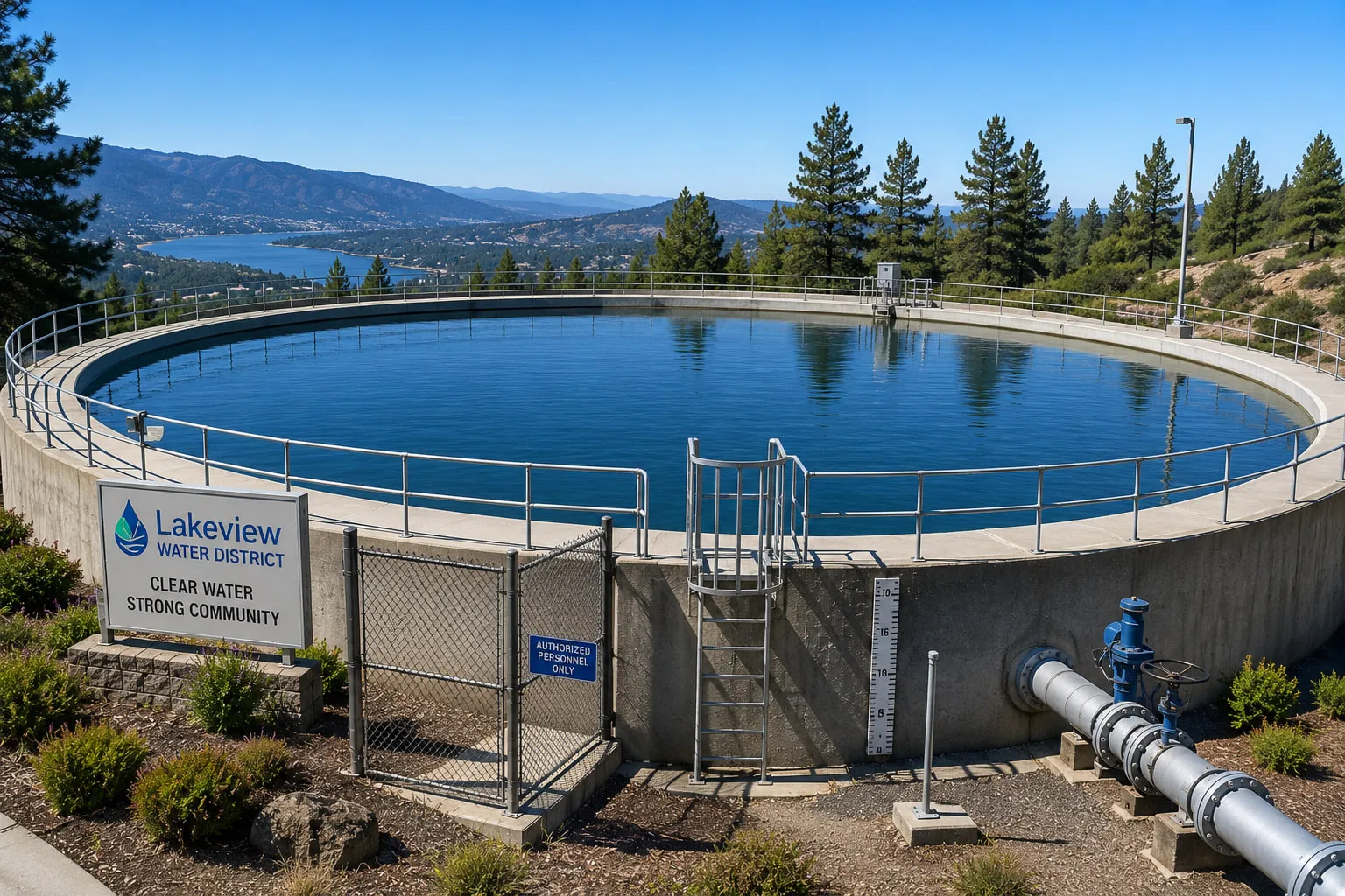 Aerial photo of a California water district with tanks, pipelines, and infrastructure, fading into a GIS map overlay